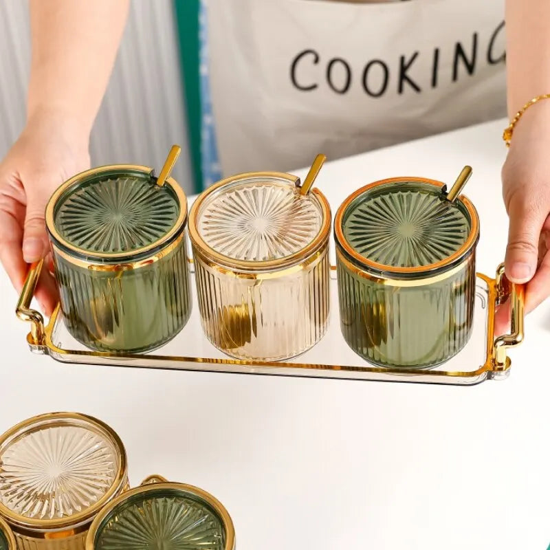 Set de 3 pots à épices avec cuillères et plateau- Rangement élégant et pratique