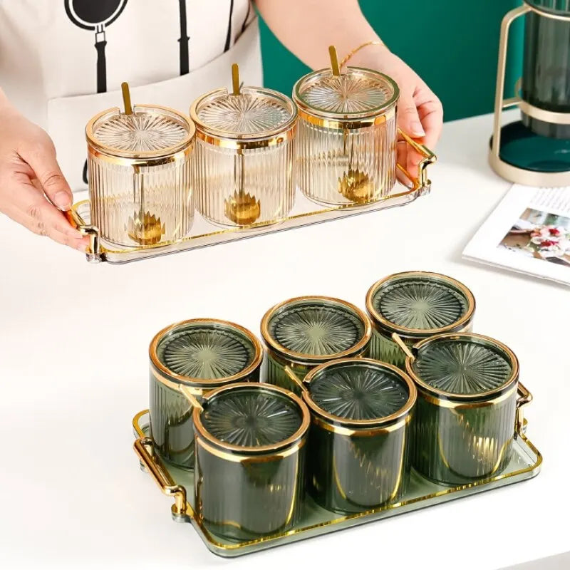 Set de 3 pots à épices avec cuillères et plateau- Rangement élégant et pratique